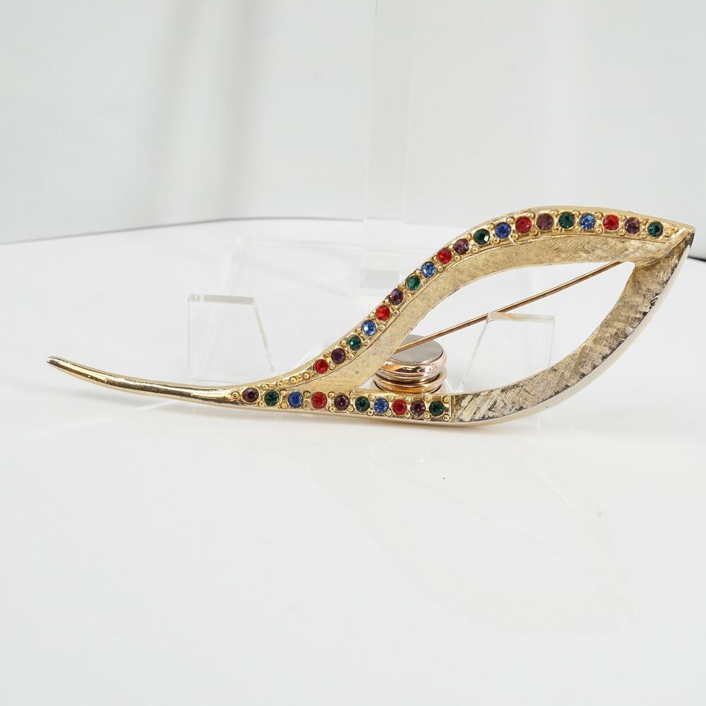 Vintage Designer Leaf Motif Rhinestone Brooch Multicolor Gold-Tone Maximalist - Picture 5 of 8